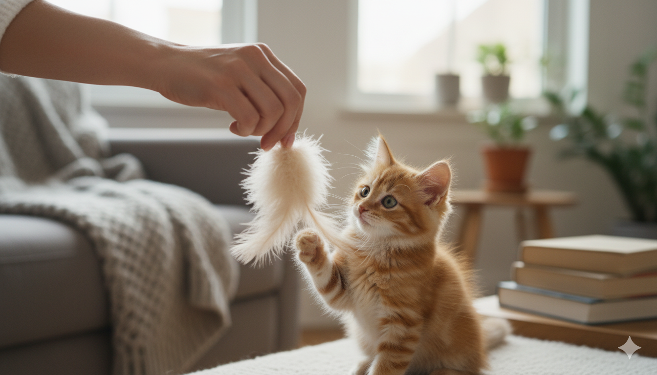 장난감으로 입질을 교정하는 고양이
