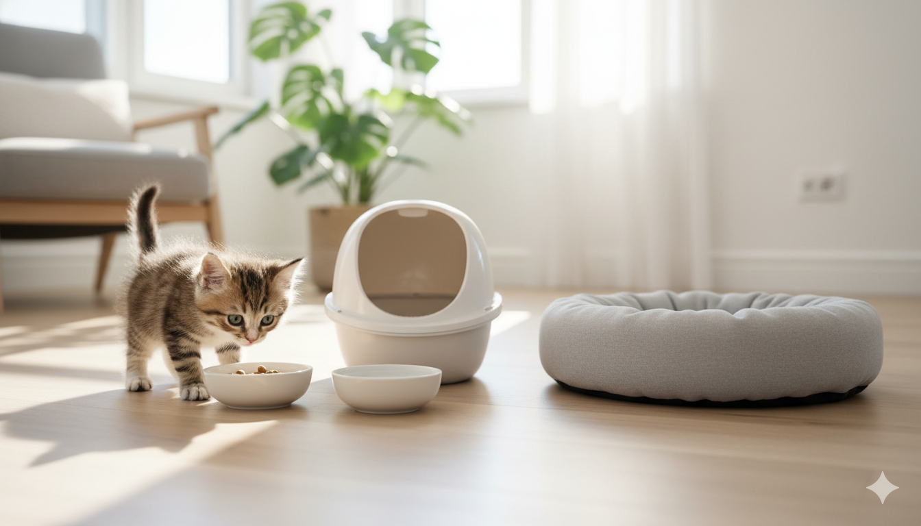 이동장에서 조심스럽게 나오는 새끼 고양이