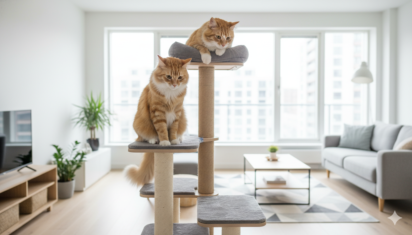 창가에 배치된 멋진 원목 캣타워